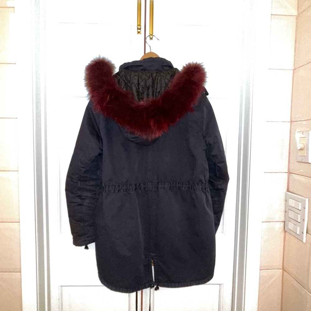 Elizabeth and James Navy Parka with Red Fox Fur Trim Hood